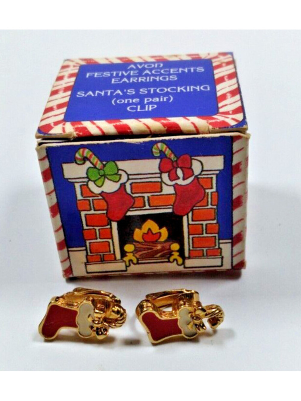 Vintage 1992 Avon Christmas Festive Stocking Clip On Earrings with Original Box